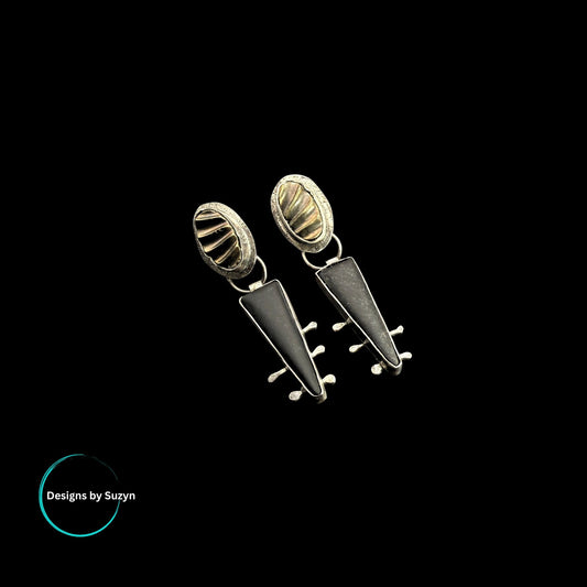 Relics of a Forgotten Time, Argentium Silver, Pyritized Ammonite, Matte Black Onyx Statement Earrings