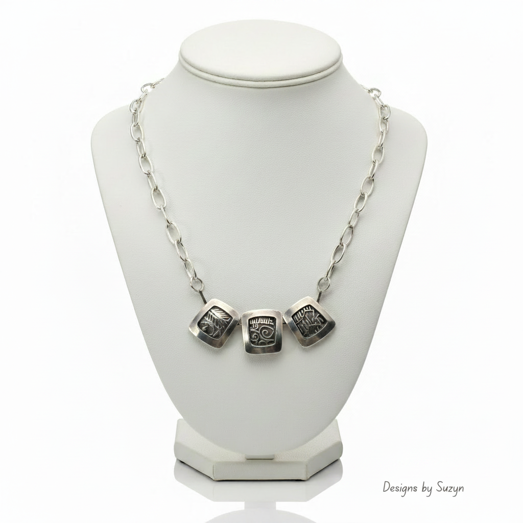 Ancient Glyphs sterling silver statement necklace with oval link chain, handcrafted artisan one of a kind jewelry, Designs by Suzyn