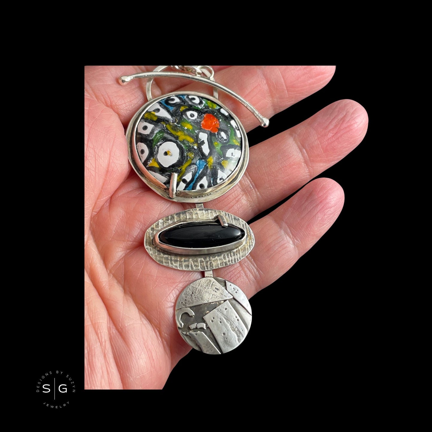 Don't be Late to the Party, Enamel, Argentium Silver and Black Onyx Pendant